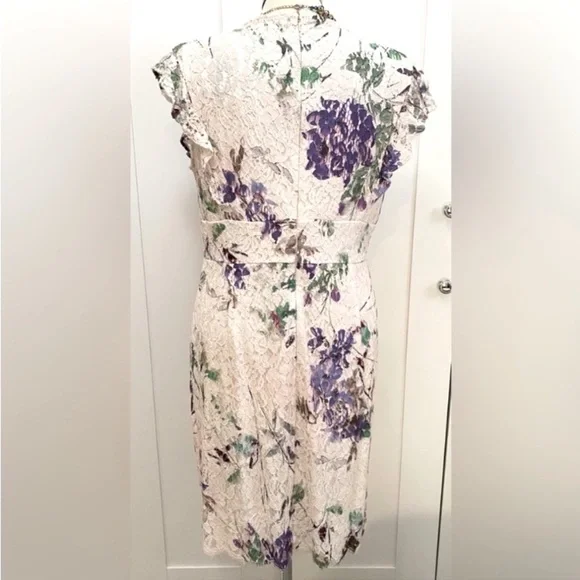 DKNY Floral Print Lace V Neck Cocktail Dress Purple Blush Green & Cream Sz 12 - Picture 2 of 5